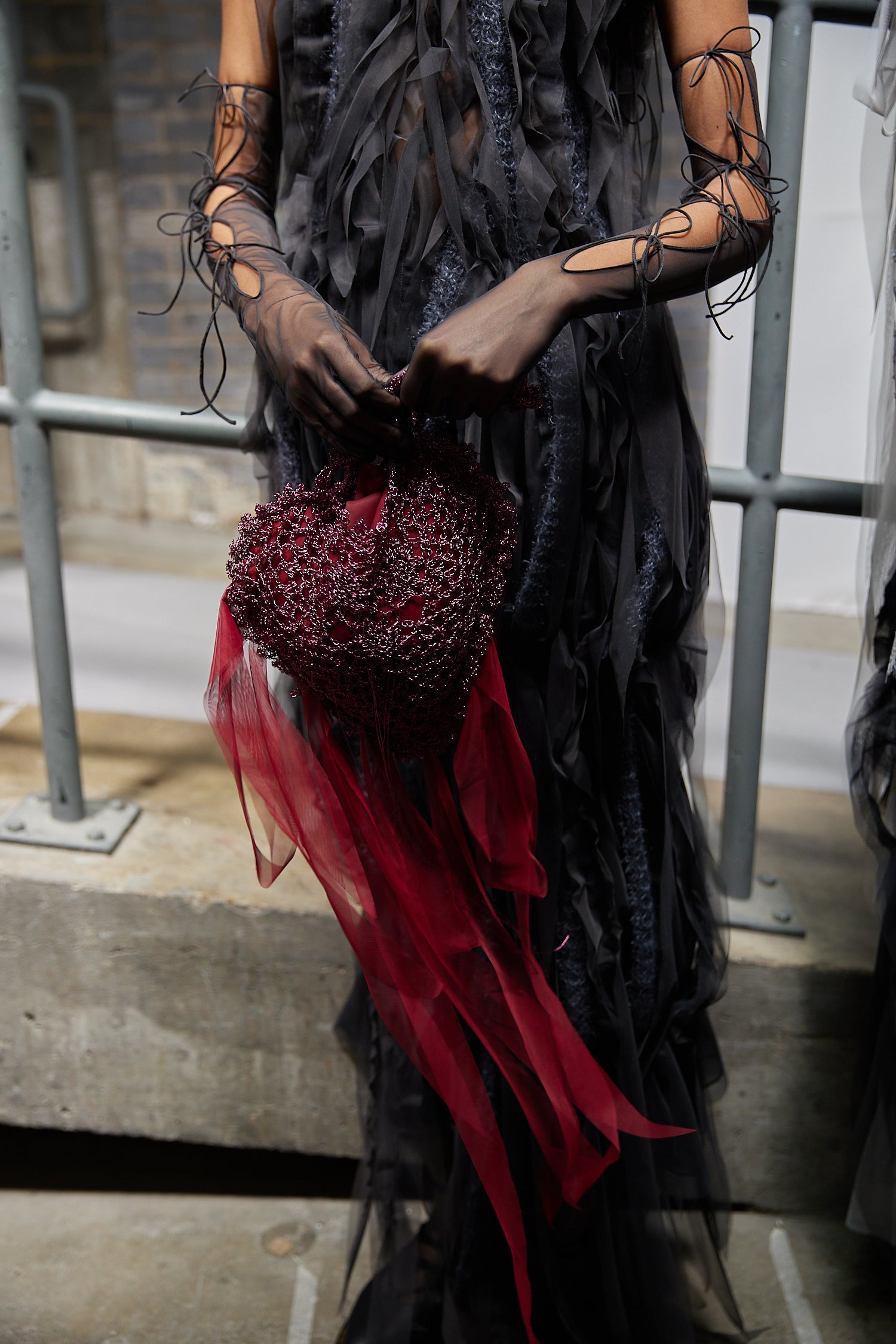 Pauline Dujancourt red crochet heart bag with tulle ribbons, AW25 collection